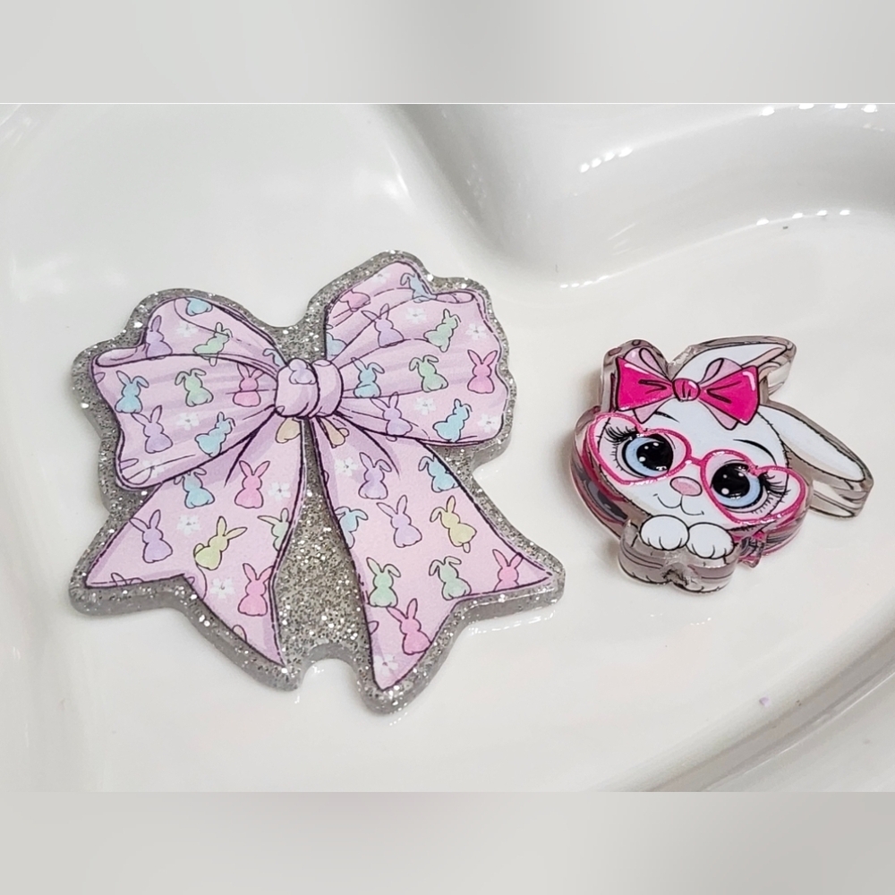 Easter Bunny Flatback Bow Focal‎ Bead Badge Crafts Keychain Flats Planar Glitter